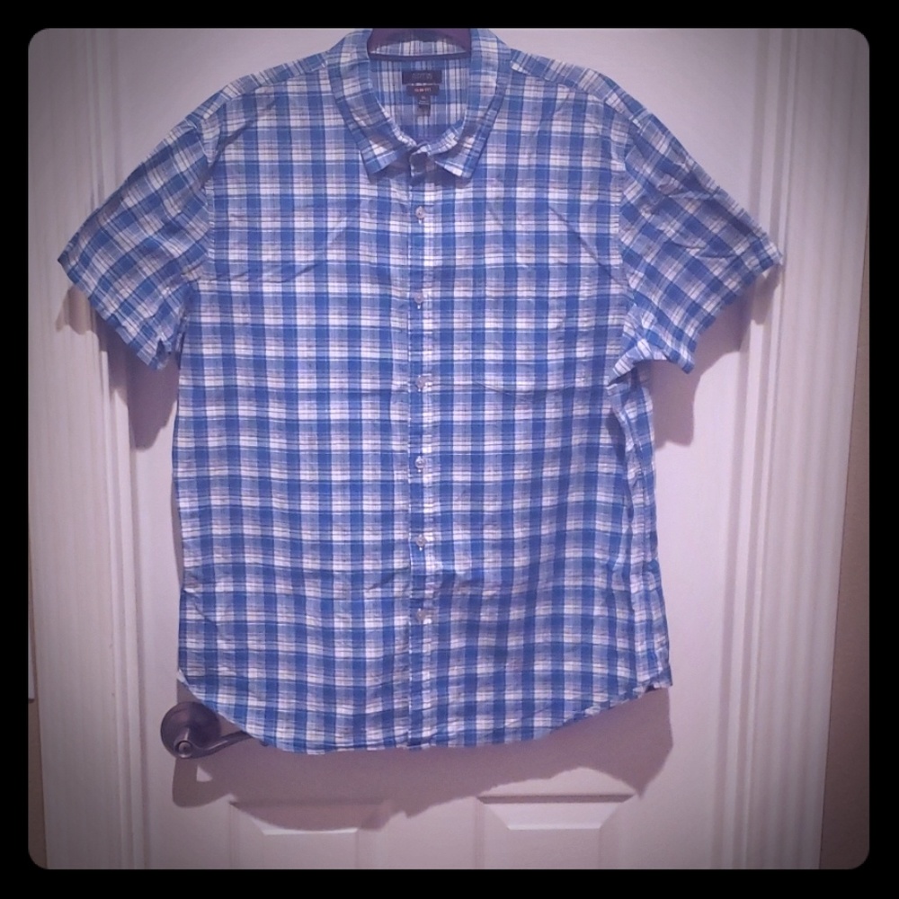 Blue and white button up casual shirt